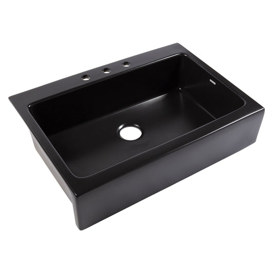 Parker Matte Black Fireclay 34″ Single Bowl Quick-Fit Farmhouse Apron Front Drop-In Kitchen Sink and Drain