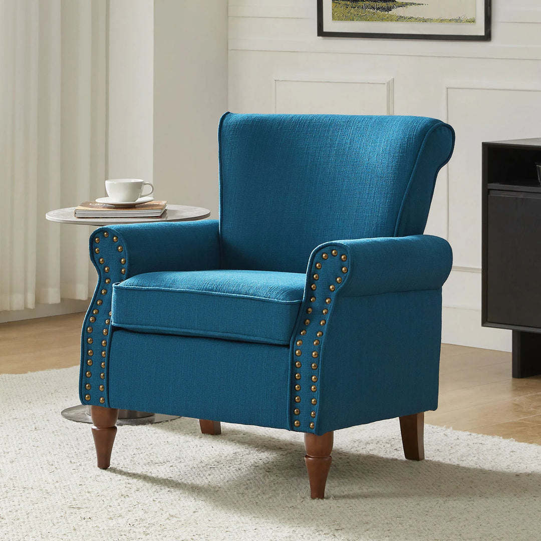 Nyctelius Upholstered Comfy Accent Chair with Turned Wooden Legs and Nailhead Trim Set of 2 by
