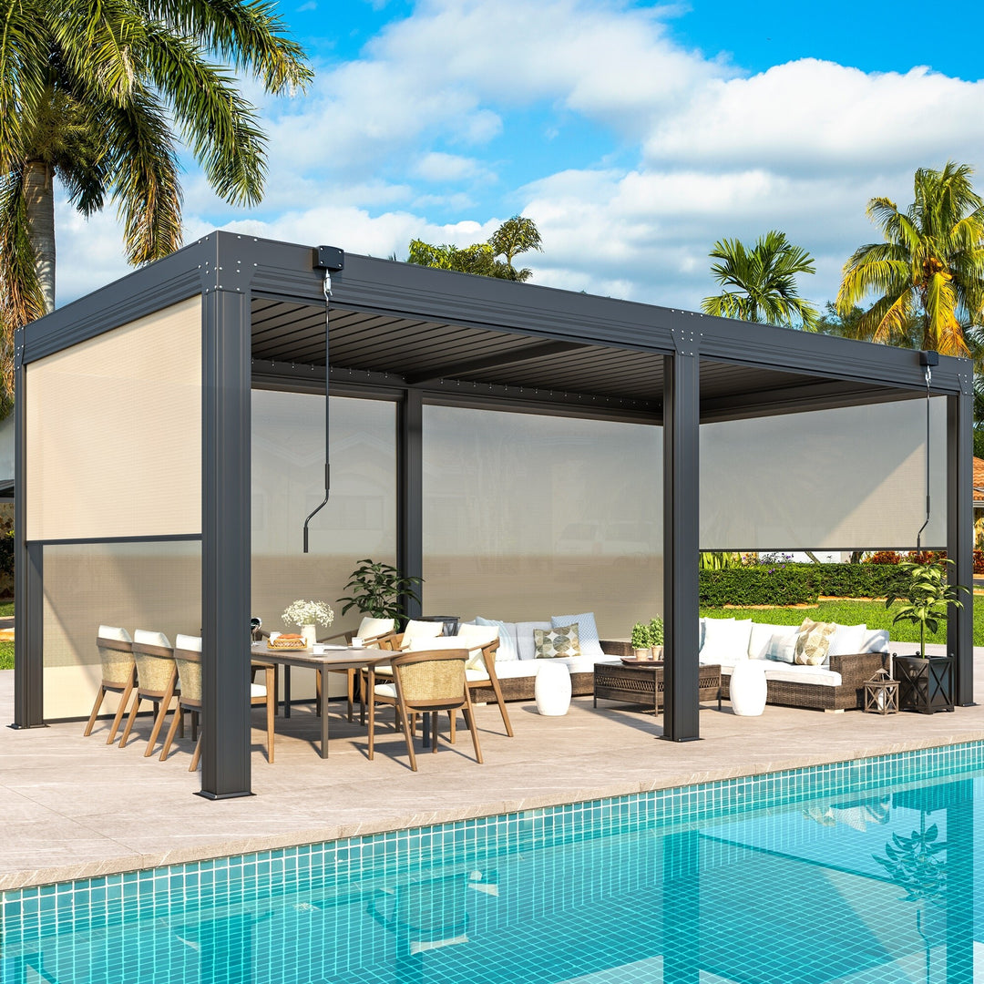 Outdoor Louvered Pergola Gazebo with Adjustable Aluminum Rainproof Roof and Pull-Down Screen