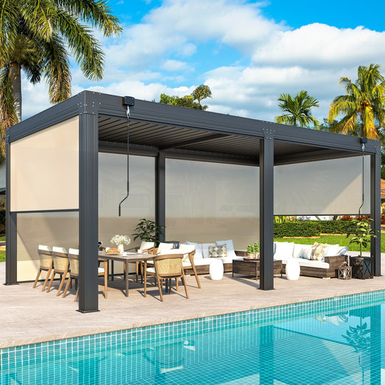 Outdoor Louvered Pergola Gazebo with Adjustable Aluminum Rainproof Roof and Pull-Down Screen