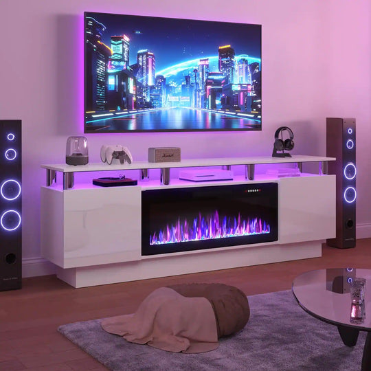 70" Modern Electric Fireplace TV Stand, with Electronic Flame and LED Lights, High Gloss Finish Entertainment Center