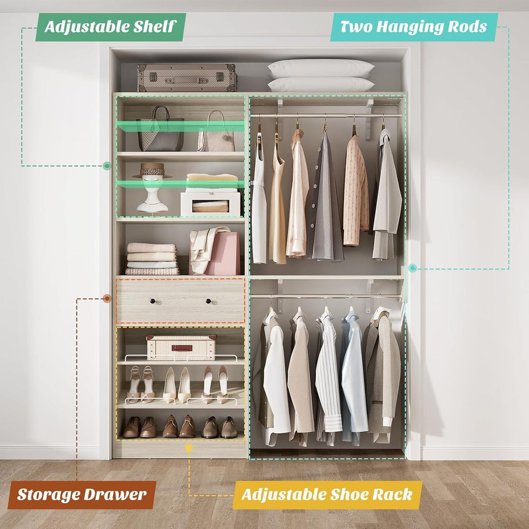 5FT Closet System with 2 Hanging Rods and Wooden Drawer, Walk-In Closet Organizer with 2 Wing Shelve and Adjustable Rack Shelves