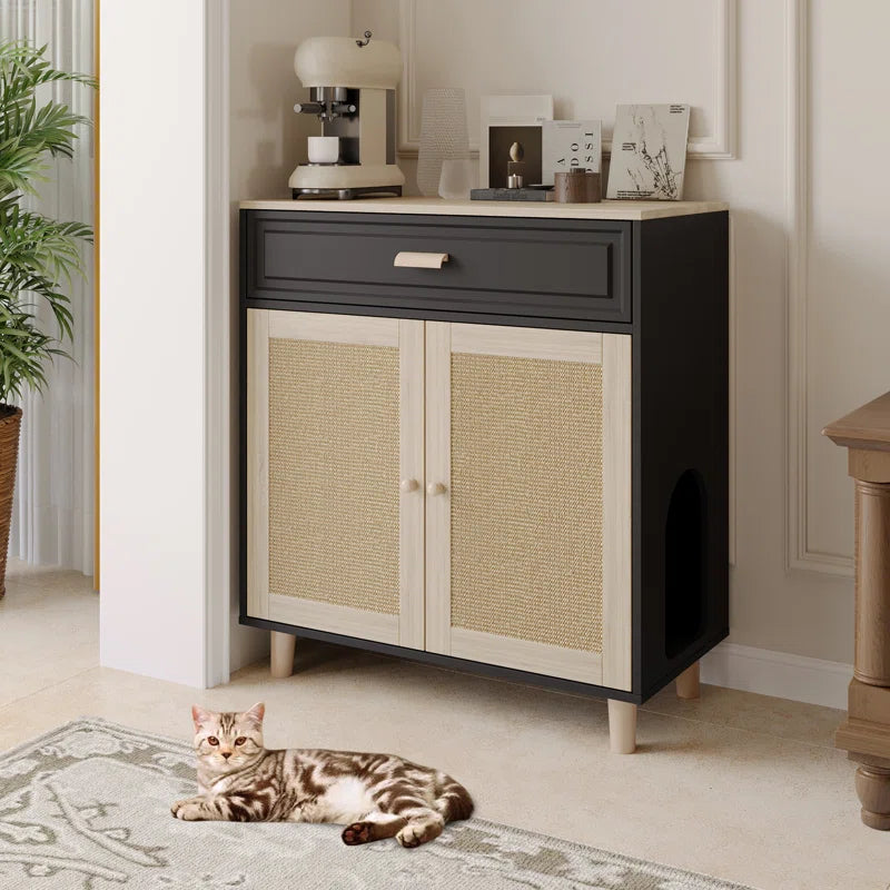 Cat Litter Box Enclosure Wood Cat Crate Furniture with Scratching Pad Doors