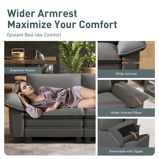 Cloud Modular Deep Seat Sofa, Chenille or Corduroy Sectional Couch with Removable Arms, 1–4 Seater
