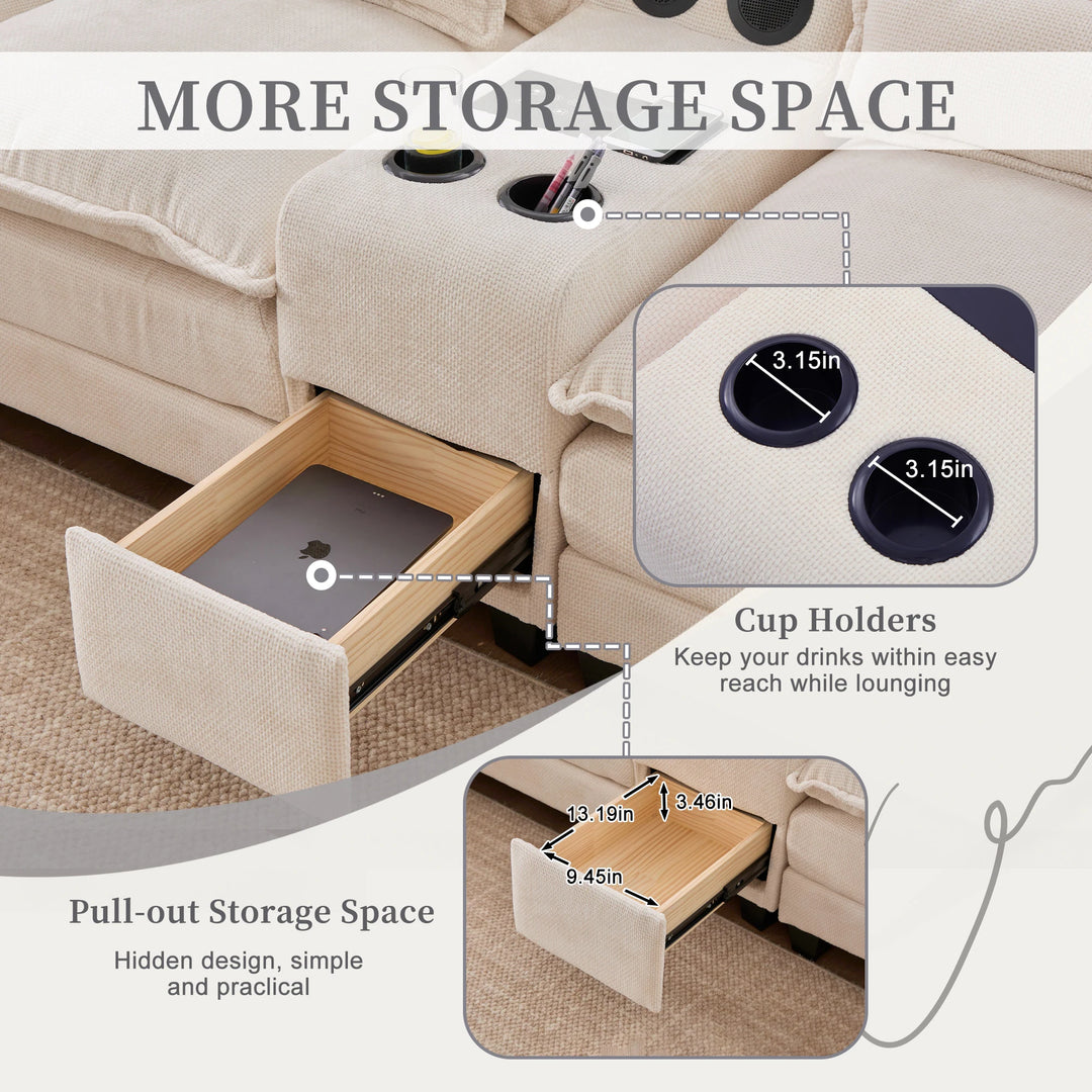 6-Seat Chenille Upholstered Modern U-Shaped Sectional Multifunctional Sofa with 2 Cup Holders,Pull-Out Storage Space