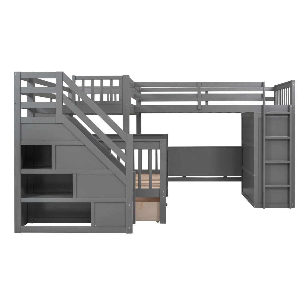 L-Shaped Bunk Bed with Three Drawers, Portable Desk and Wardrobe, Twin-Twin over Full Design