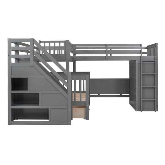 L-Shaped Bunk Bed with Three Drawers, Portable Desk and Wardrobe, Twin-Twin over Full Design