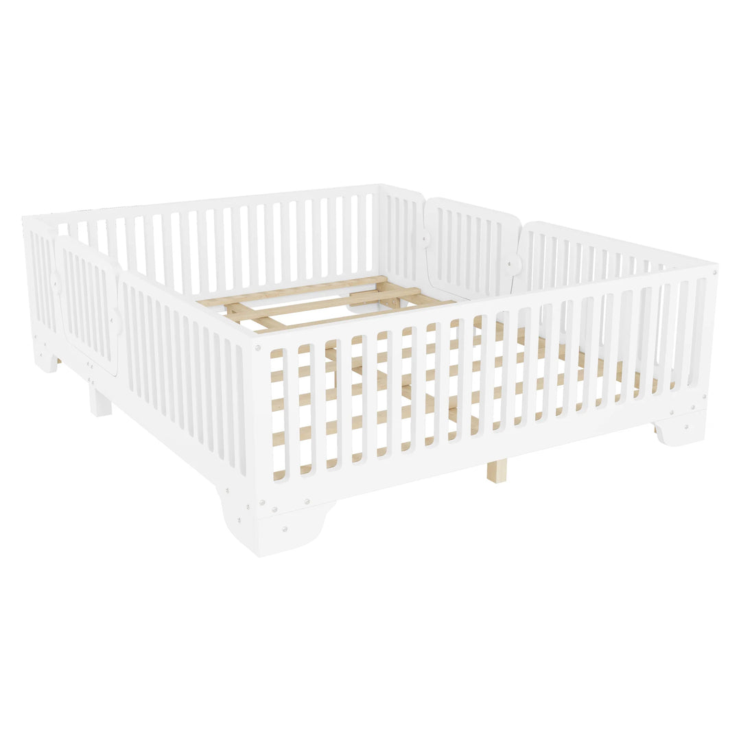 Full Size Montessori Floor Bed Frame with Safety Rails and Removable Door, Low Profile Kids Bed with Slatted Support
