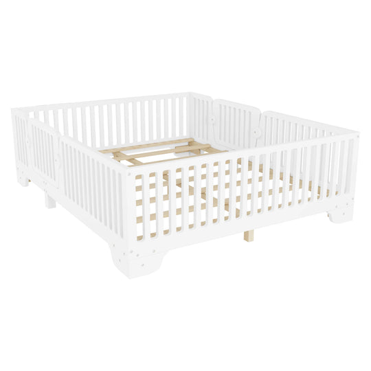 Full Size Montessori Floor Bed Frame with Safety Rails and Removable Door, Low Profile Kids Bed with Slatted Support