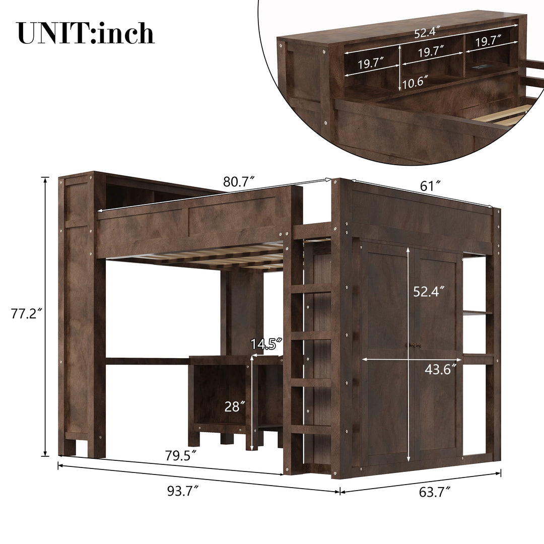 Modern Queen Loft Bed with Built-In Desk, Wardrobe, Headboard Storage & USB Hub by