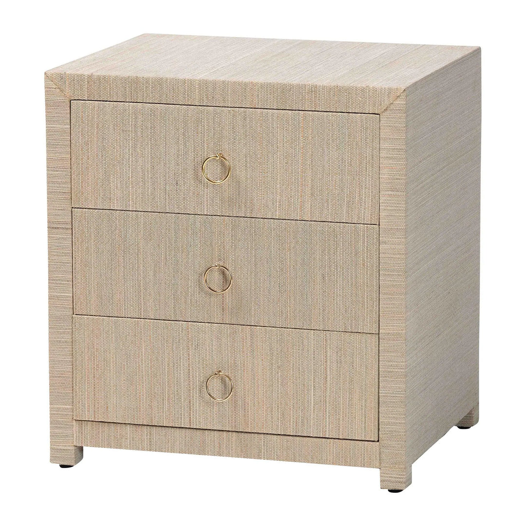 Quinn Bohemian Woven Natural Grasscloth 3-Drawer Nightstand