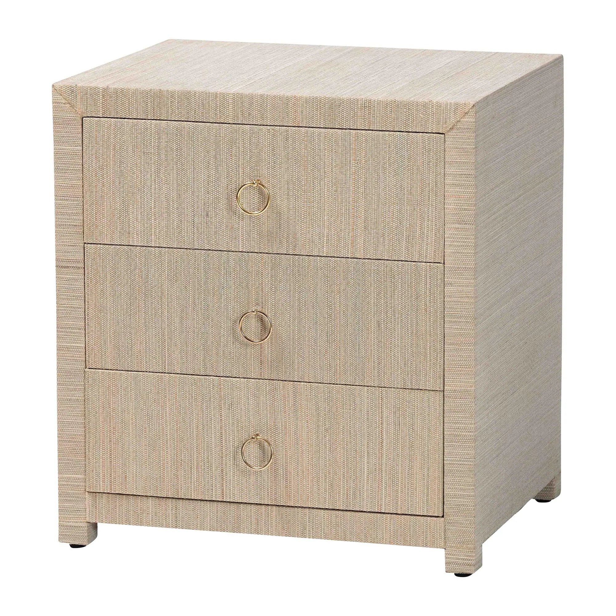 Quinn Bohemian Woven Natural Grasscloth 3-Drawer Nightstand