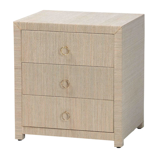 Quinn Bohemian Woven Natural Grasscloth 3-Drawer Nightstand