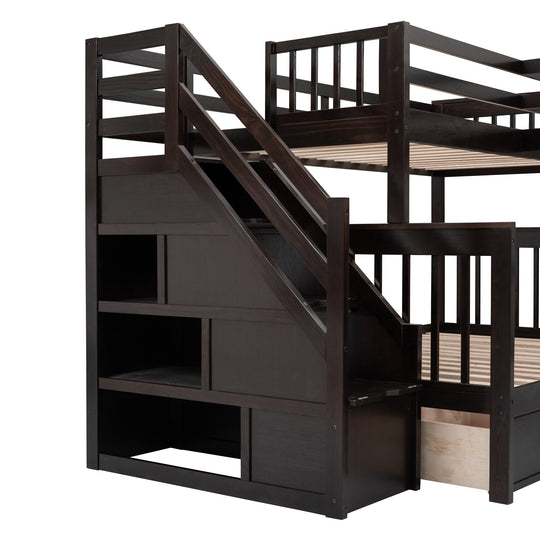 L-Shaped Bunk Bed with Three Drawers, Portable Desk and Wardrobe, Twin-Twin over Full Design