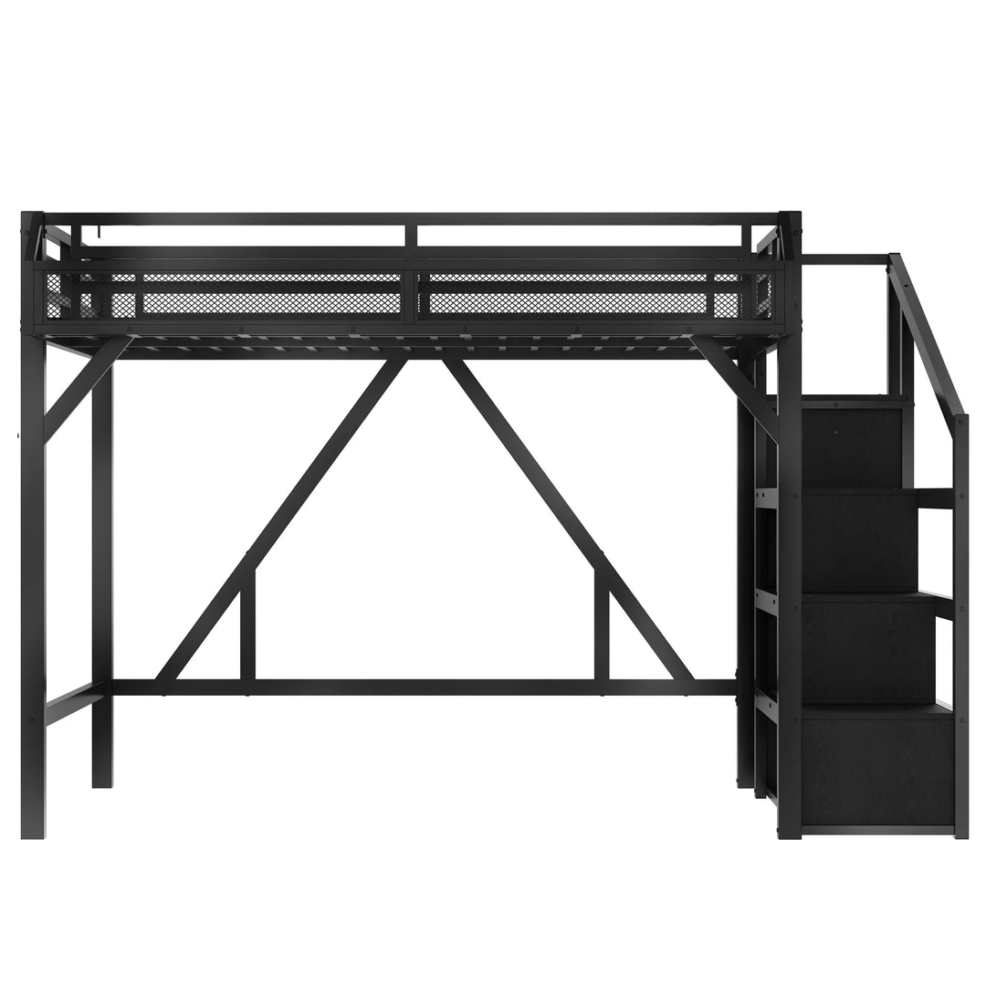 Storage Stairs Loft Bed Queen Size Metal Bed Frame with Built-In Wardrobe, Shelves, Light Strip and Charging Station