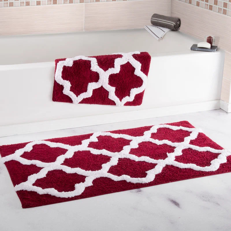 Bassam 2PC 100% Cotton Bathroom Rug Set - with Trellis Pattern and Non-Slip Base - Machine Washable Bathroom Mats
