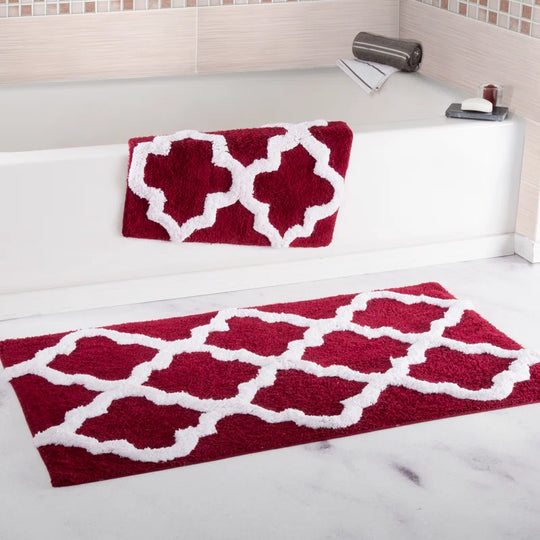 Bassam 2PC 100% Cotton Bathroom Rug Set - with Trellis Pattern and Non-Slip Base - Machine Washable Bathroom Mats