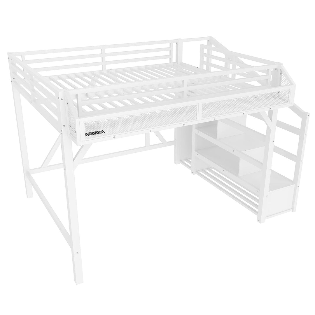 Queen Loft Bed with Storage Stairs, Shelves and Built-In Wardrobe, with USB Ports and LED Lights, Noise-Reduced Design