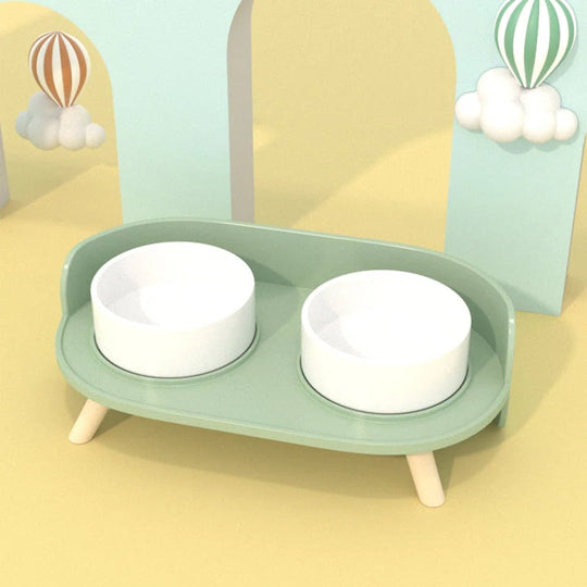 Bone China Double Pet Feeder, Elevated Cat Dog Food Double Bowls, Ceramic Pet Feeding Bowl for Food and Water