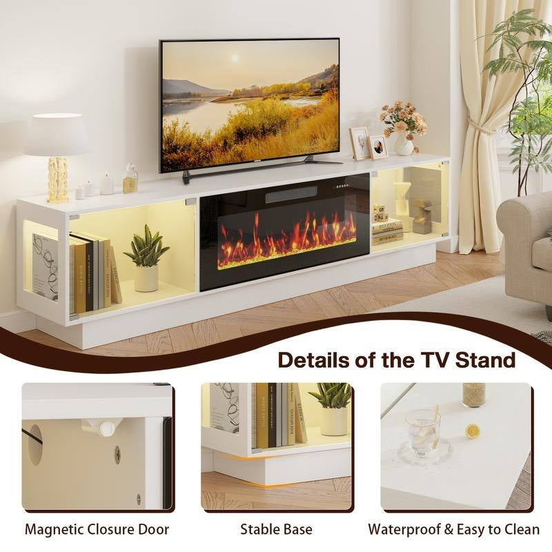 80" Fireplace TV Stand with Adjustable LED Lights, Modern Entertainment Center with Glass Door Storage Cabinet, Black
