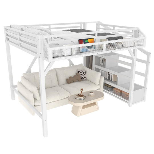 Queen Loft Bed with Storage Stairs, Shelves and Built-In Wardrobe, with USB Ports and LED Lights, Noise-Reduced Design
