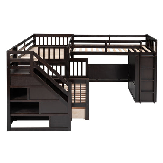 L-Shaped Bunk Bed with Three Drawers, Portable Desk and Wardrobe, Twin-Twin over Full Design