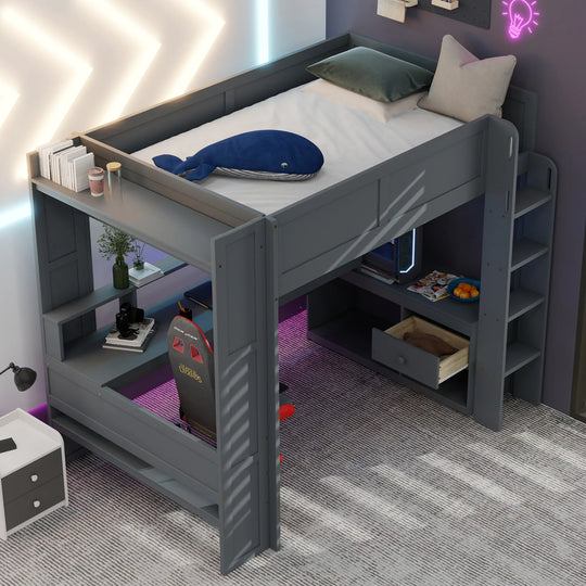 Full Size Gaming Loft Bed with Desk, Multi-Storage Shelves, LED and Charging Station, Dark Design