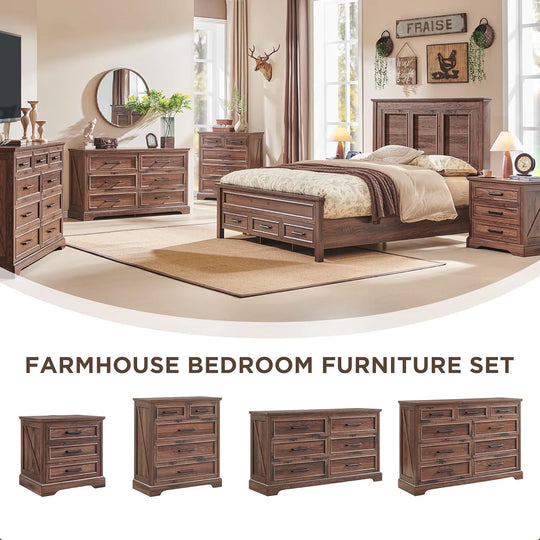 Farmhouse 3-Drawer Nightstand, Wide End Table with Charging Station