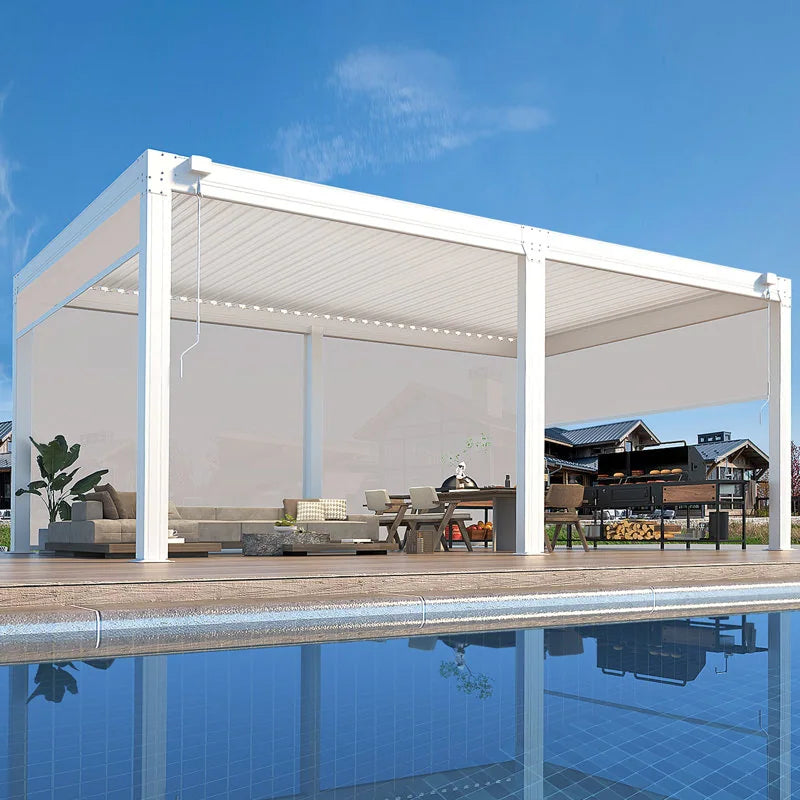 Outdoor Louvered Pergola Gazebo with Adjustable Aluminum Rainproof Roof and Pull-Down Screen