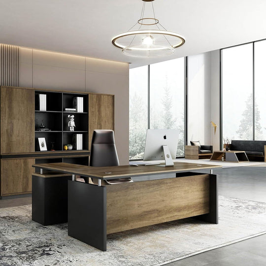 WESOME 63-Inch L Shaped Executive Desk, Industrial Modern Office Desk with 3 Storage Drawers