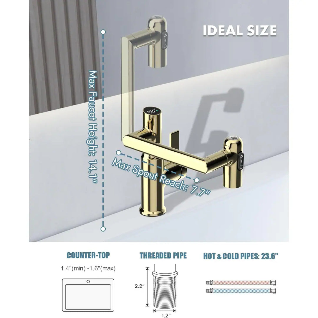 Rotatable Bathroom Faucet with Temperature Display in Fahrenheit (Batteries-Free), BF2204