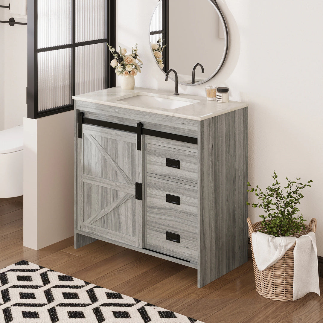 Farmhouse Bathroom Vanity with Ceramic Top and Sliding Barn Door Sink Cabinet, Rustic Single Sink Vanity