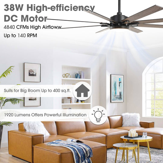 65-Inch Modern Reversible Dimmable Large Ceiling Fan with Light and Remote