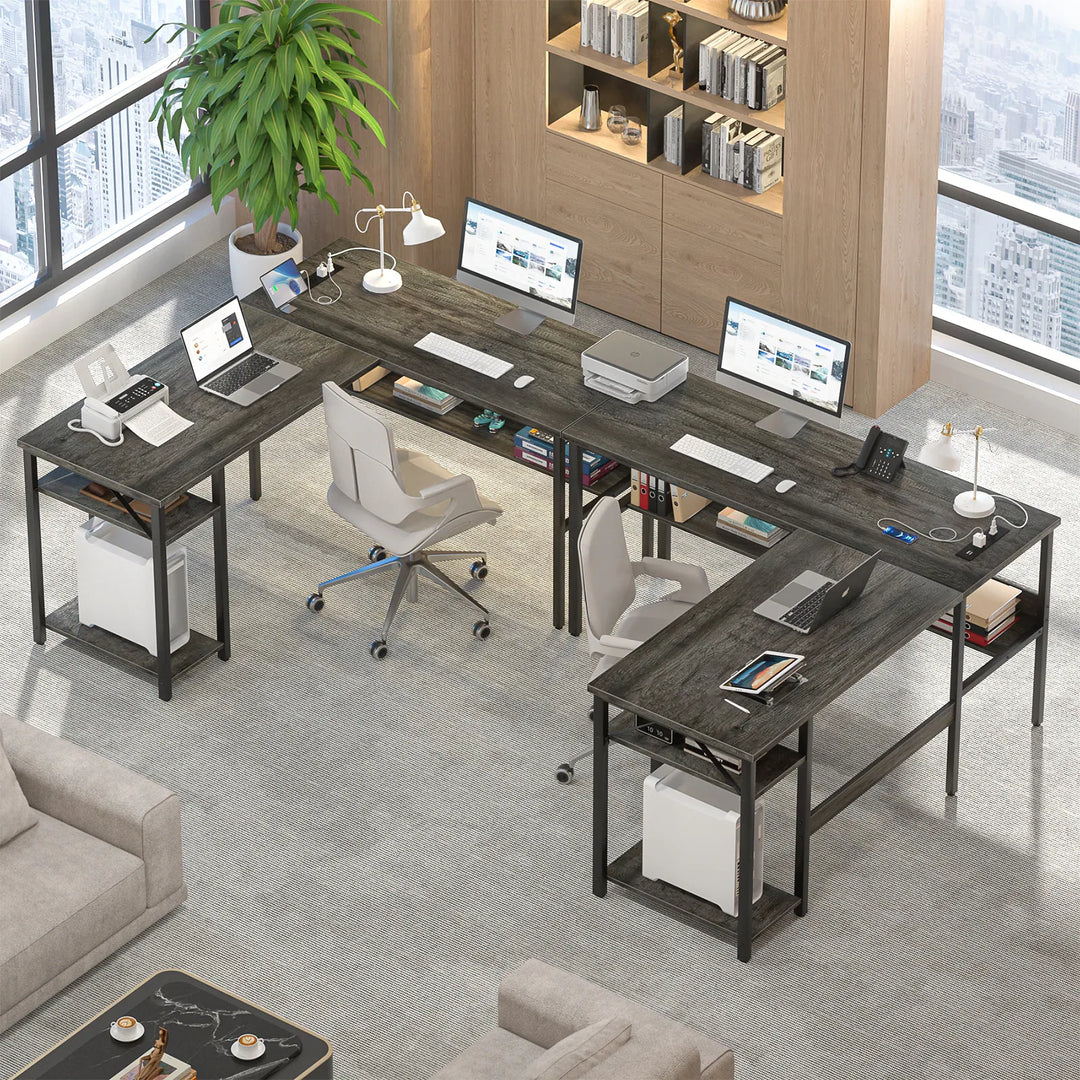 Reversible L Shaped Desk with Storage Shelves, Home Office Corner Desk with Charge Station