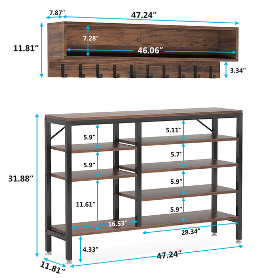 Entryway Coat Rack Shoe Bench Set, Industrial Hall Tree Coat Shoe Rack