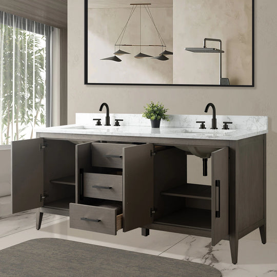 72" Double Sink Bathroom Vanity Cabinet with Engineered Marble Top