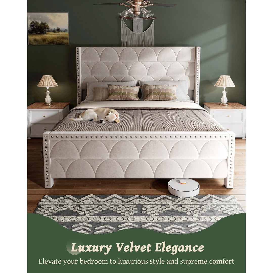 Hansabenne Solid Wood Bed Frame Queen and King Platform Bed Frame with Headboard White and Gray