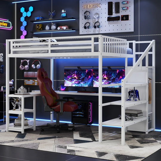 Metal Queen Loft Bed W/ Wardrobe & LED Light L Shaped Desk USB for Kids Teens Adults - White