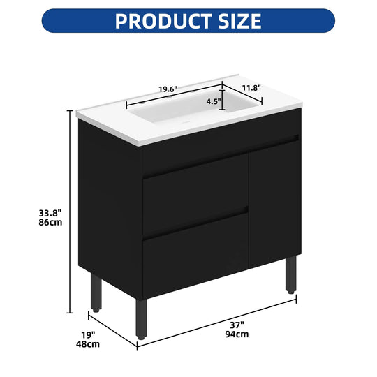 37" Freestanding Single Bathroom Vanity with 1 Soft Closing Cabinet & 2 Drawers