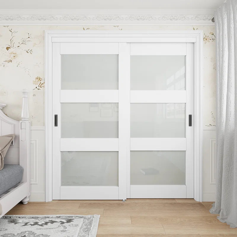 80"H 3-Lite Frosted Tempered Glass Sliding Closet Door with Hardware Kit & Handles