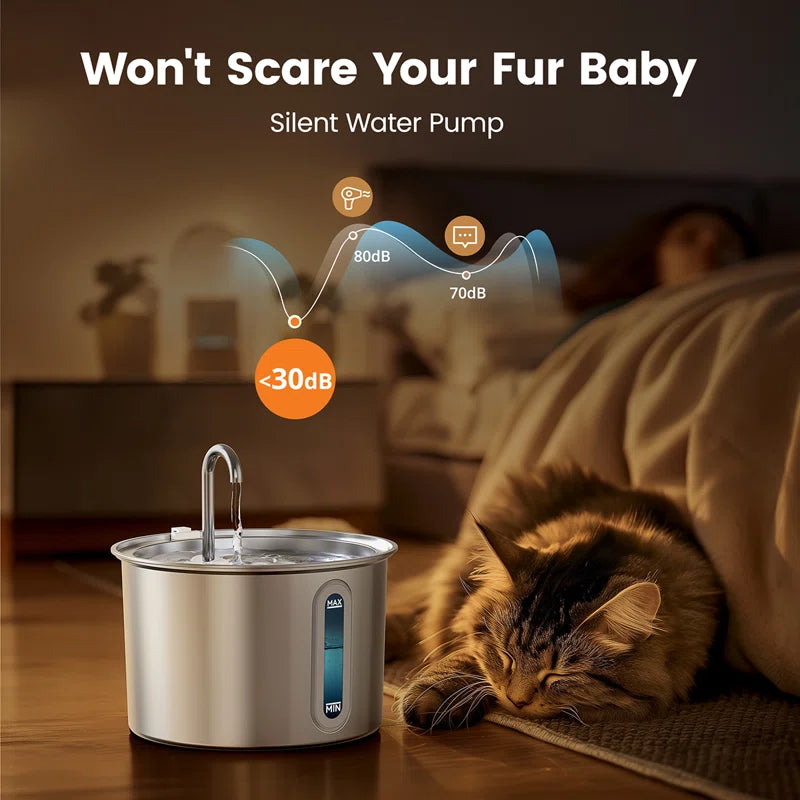 PWF-001 2L Stainless Steel Cat Water Fountain with Snap, Anti-Spill Cats Water Fountains with Quiet Pump,Continuous Fresh Water Supply,Pet Water Fountain for Single Kitty & Small Pets