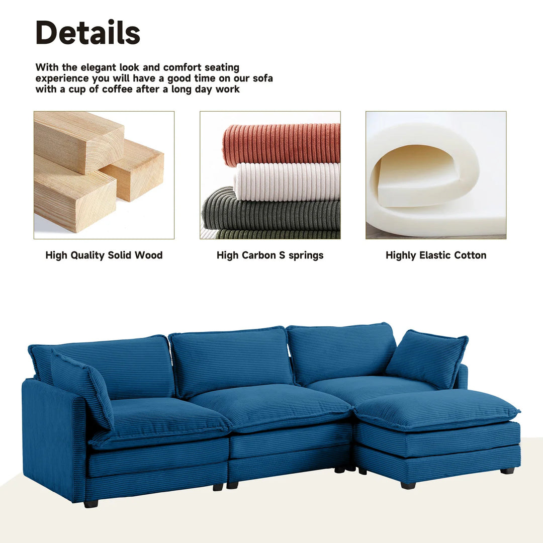 Corduroy Sectional Sofa with Removable Ottomans & Ultra-Soft Cushions for Living Room & Bedroom