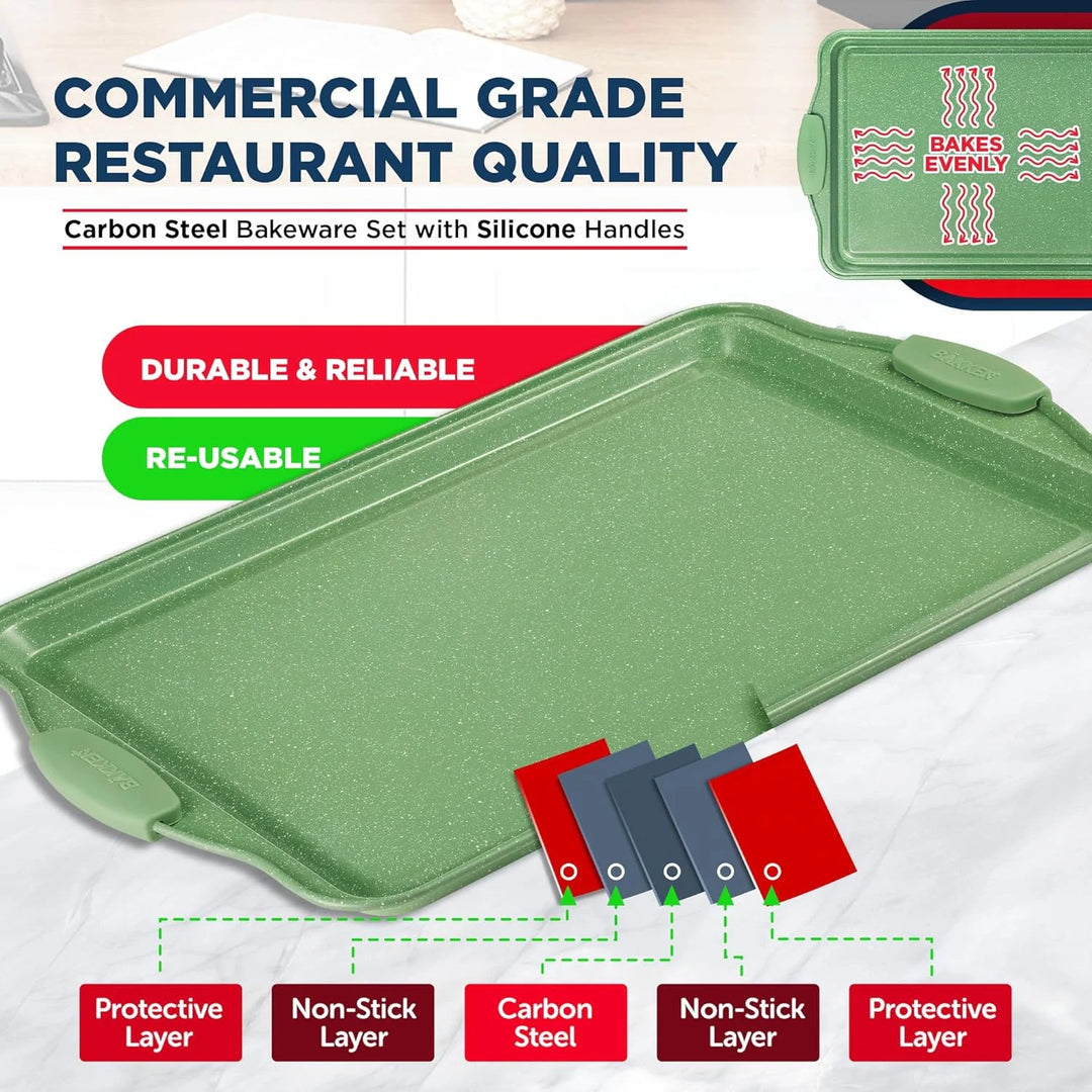 BAKKEN Kitchen Baking Pan Set - Nonstick Green Marble Coating, Carbon Steel Bakeware Sets with Green Silicone Handles,
