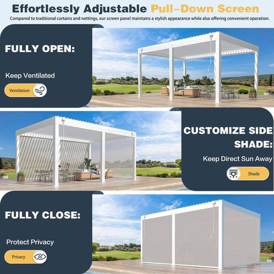 Outdoor Louvered Pergola Gazebo with Adjustable Aluminum Rainproof Roof and Pull-Down Screen