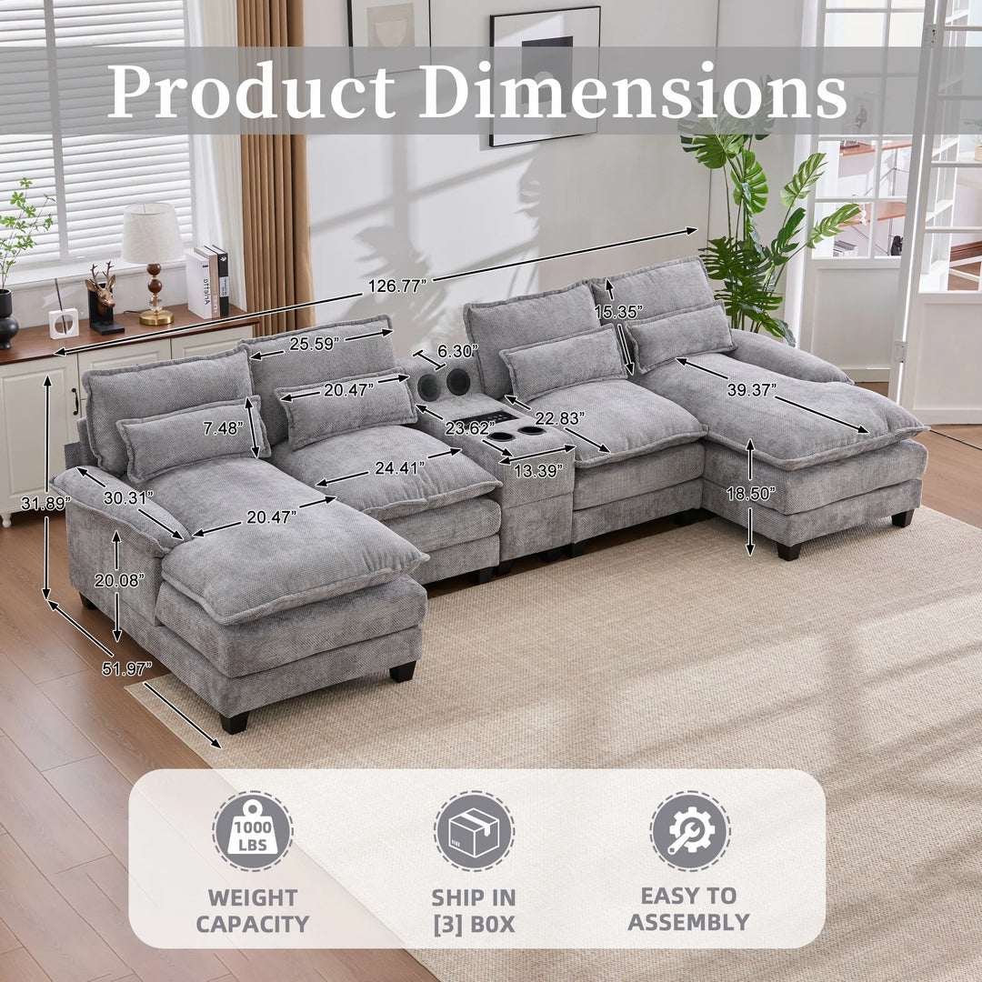 6-Seat Chenille Upholstered Modern U-Shaped Sectional Multifunctional Sofa with 2 Cup Holders,Pull-Out Storage Space