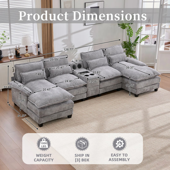 6-Seat Chenille Upholstered Modern U-Shaped Sectional Multifunctional Sofa with 2 Cup Holders,Pull-Out Storage Space