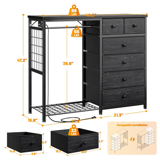 Dresser for Bedroom with Clothes Rack, 6 Drawer Dresser with Shoe Rack, Charging Station & Led Lights