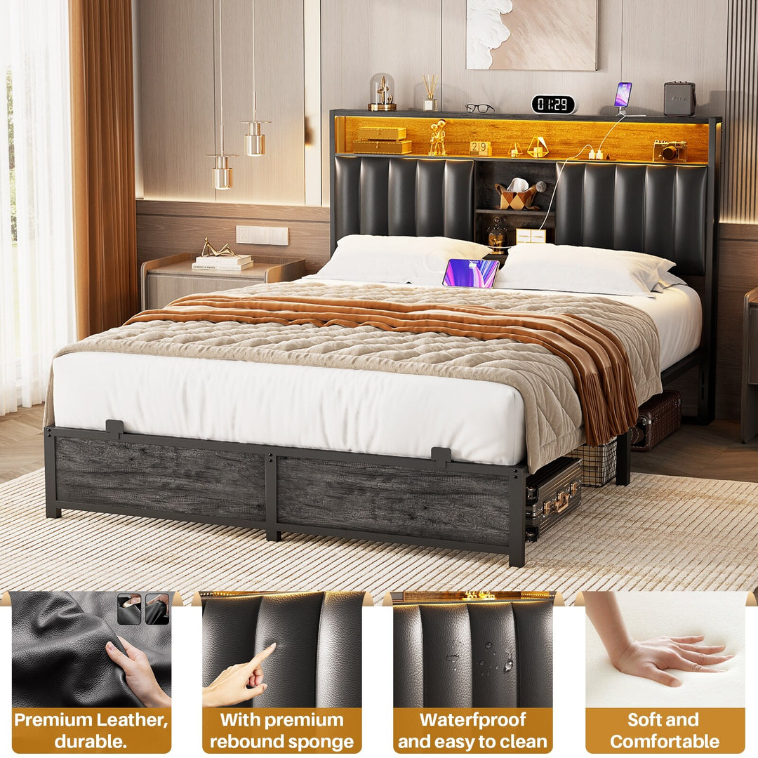 Upholstered Bed Frame with Storage Shelving, Platform Beds with Charge Station and LED Lights