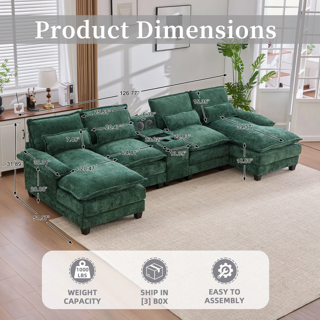 6-Seat Chenille Upholstered Modern U-Shaped Sectional Multifunctional Sofa with 2 Cup Holders,Pull-Out Storage Space