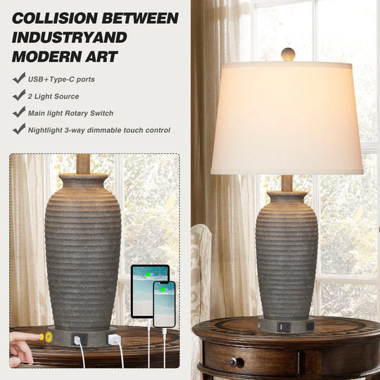 Set of 2 Bedside Resin Table Lamps with 3-Way Touch Control and Dual USB Ports